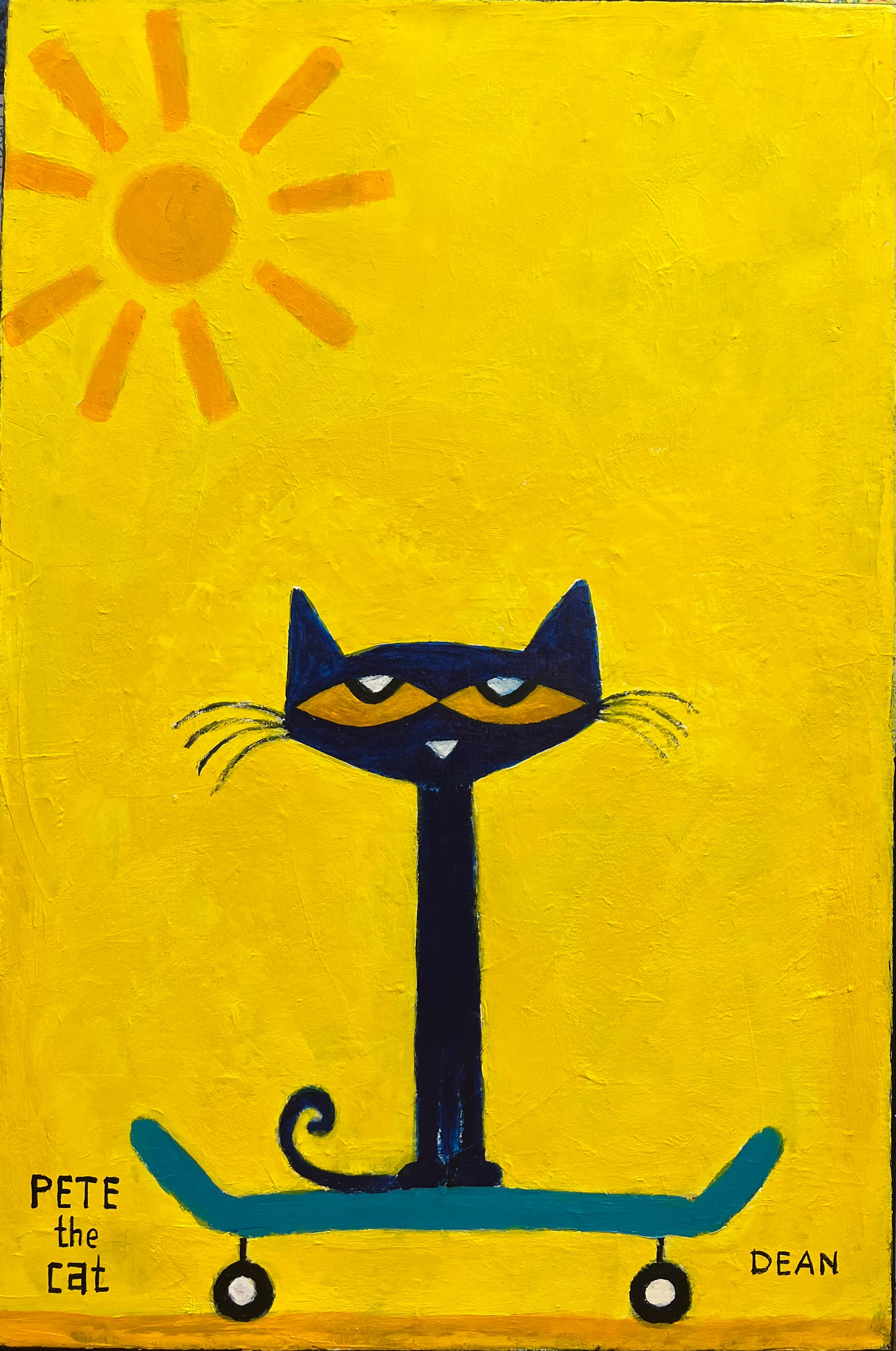 Brighten any space with this original Pete the Cat painting by artist and illustrator James Dean.  A simple image of the grooviest blue feline around, chillin' on his skateboard and enjoying the simple pleasure of a sunny day. 