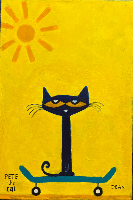 Brighten any space with this original Pete the Cat painting by artist and illustrator James Dean.  A simple image of the grooviest blue feline around, chillin' on his skateboard and enjoying the simple pleasure of a sunny day. 