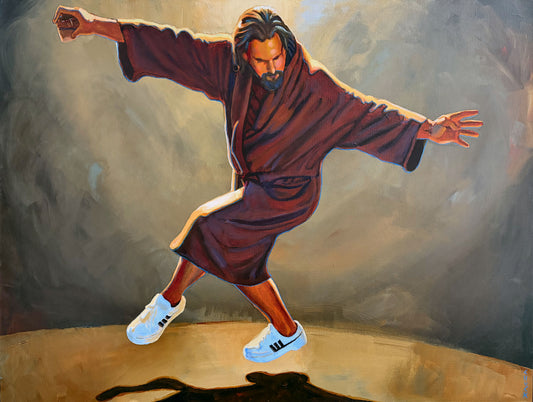 Dude in his signature robe and white sneakers, practicing the art of TaiChi while enjoying his signature White Russia, of course. 
This painting is guaranteed to really bring the room together, man. 
Available as an original, ready-to-hang 30x40 acrylic painting on a gallery-wrapped canvas, or as a matted 18' x 22" metallic print. 
